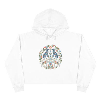 Floral Folk Art Crop Hoodie — Symmetrical Rabbit & Floral Circle Design