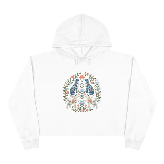 Floral Folk Art Crop Hoodie — Symmetrical Rabbit & Floral Circle Design