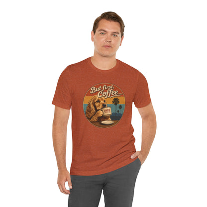 Men's But First Coffee Dog Tee — Retro Palm Tree Coffee Lover T-Shirt