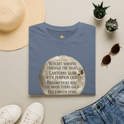 Halloween Poem T-Shirt — "Witches whisper through the night" Moon Graphic