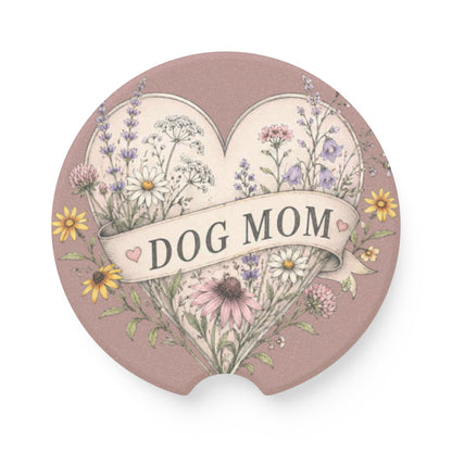 Dog Mom Soapstone Car Coaster — Floral Heart Automotive Drink Holder
