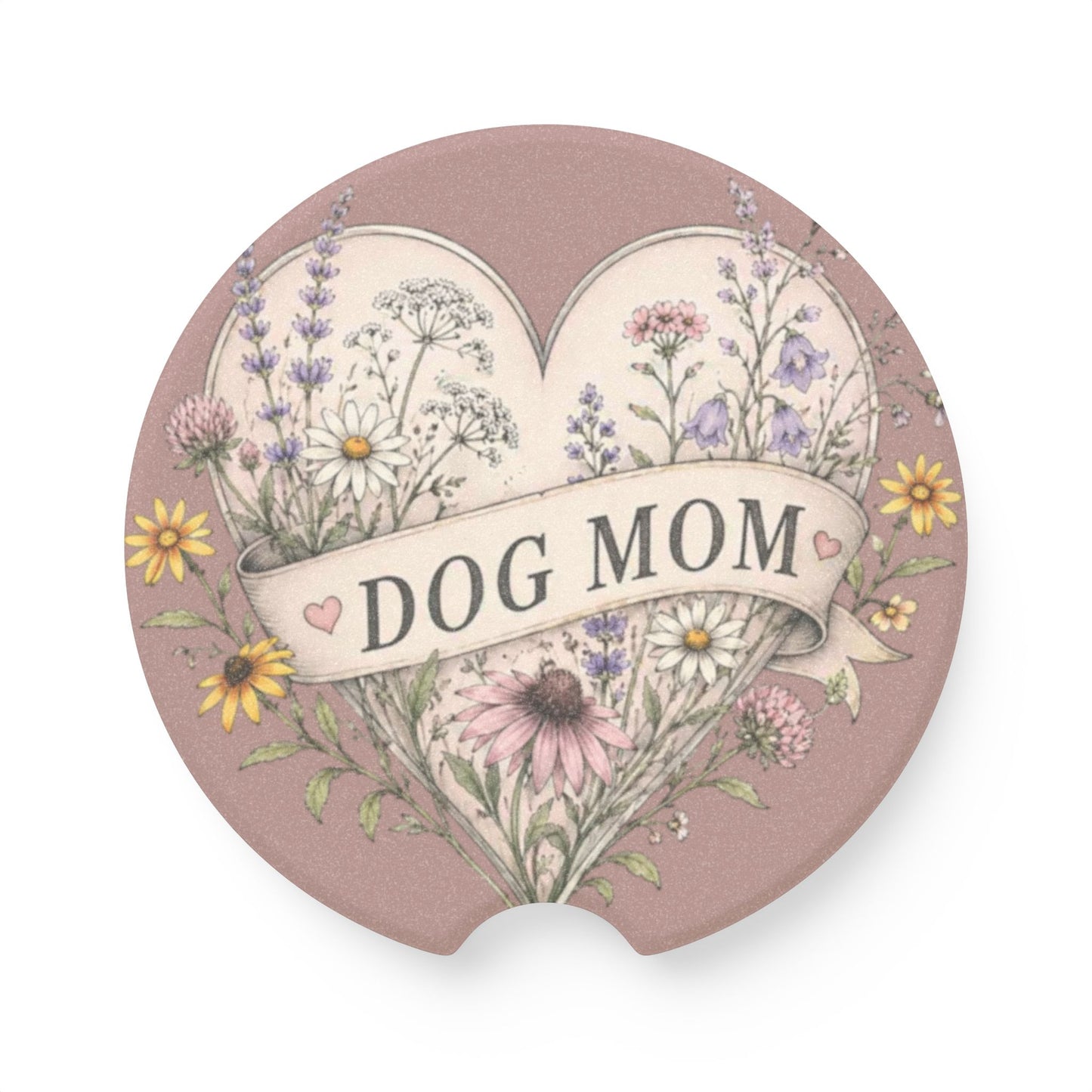 Dog Mom Soapstone Car Coaster — Floral Heart Automotive Drink Holder