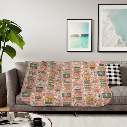 Vintage Floral Bookstack Sherpa Blanket — Cozy Pink Library Pattern