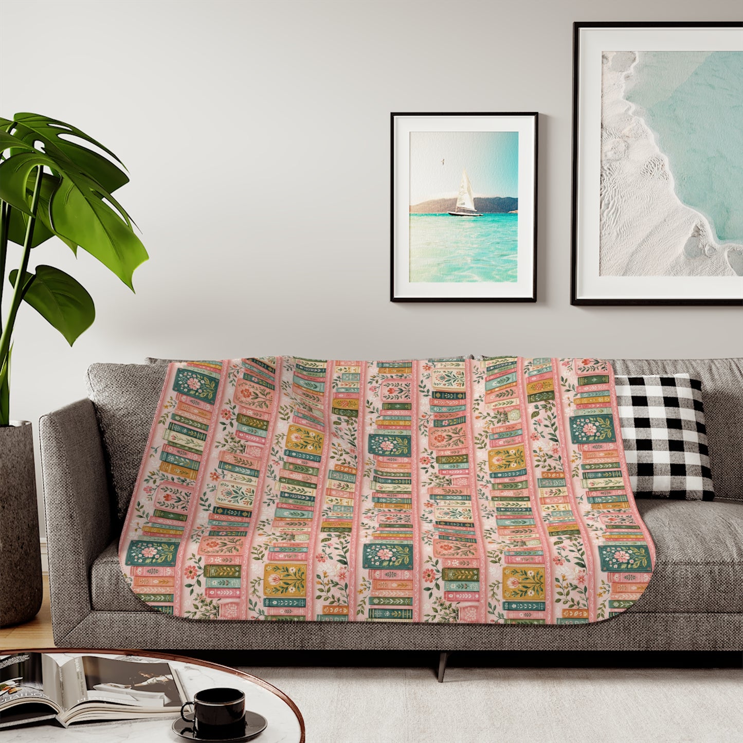 Vintage Floral Bookstack Sherpa Blanket — Cozy Pink Library Pattern