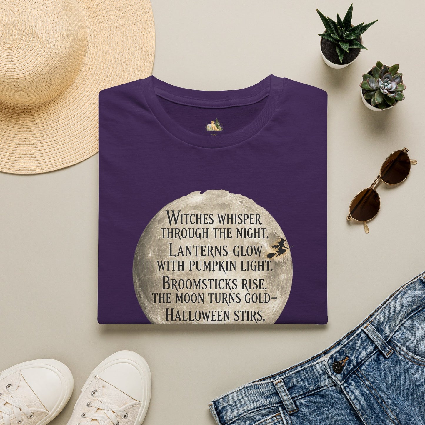 Halloween Poem T-Shirt — "Witches whisper through the night" Moon Graphic