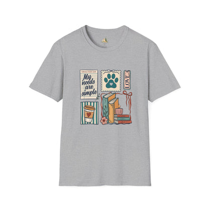 T-Shirt — "My Needs Are Simple" Book & Paw Graphic Tee