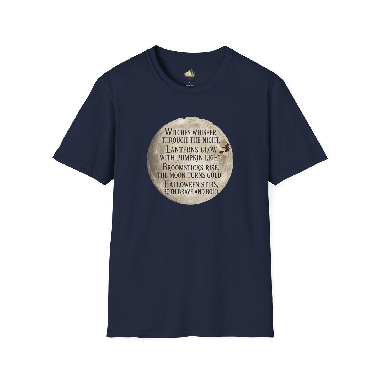 Halloween Poem T-Shirt — "Witches whisper through the night" Moon Graphic
