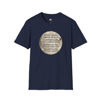 Halloween Poem T-Shirt — "Witches whisper through the night" Moon Graphic
