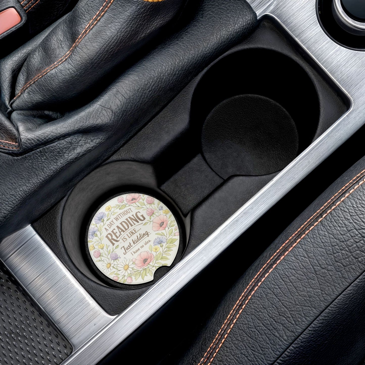 Reading Lover Soapstone Car Coaster — "A Day Without Reading Is Like... Just Kidding" Floral Bookish Gift