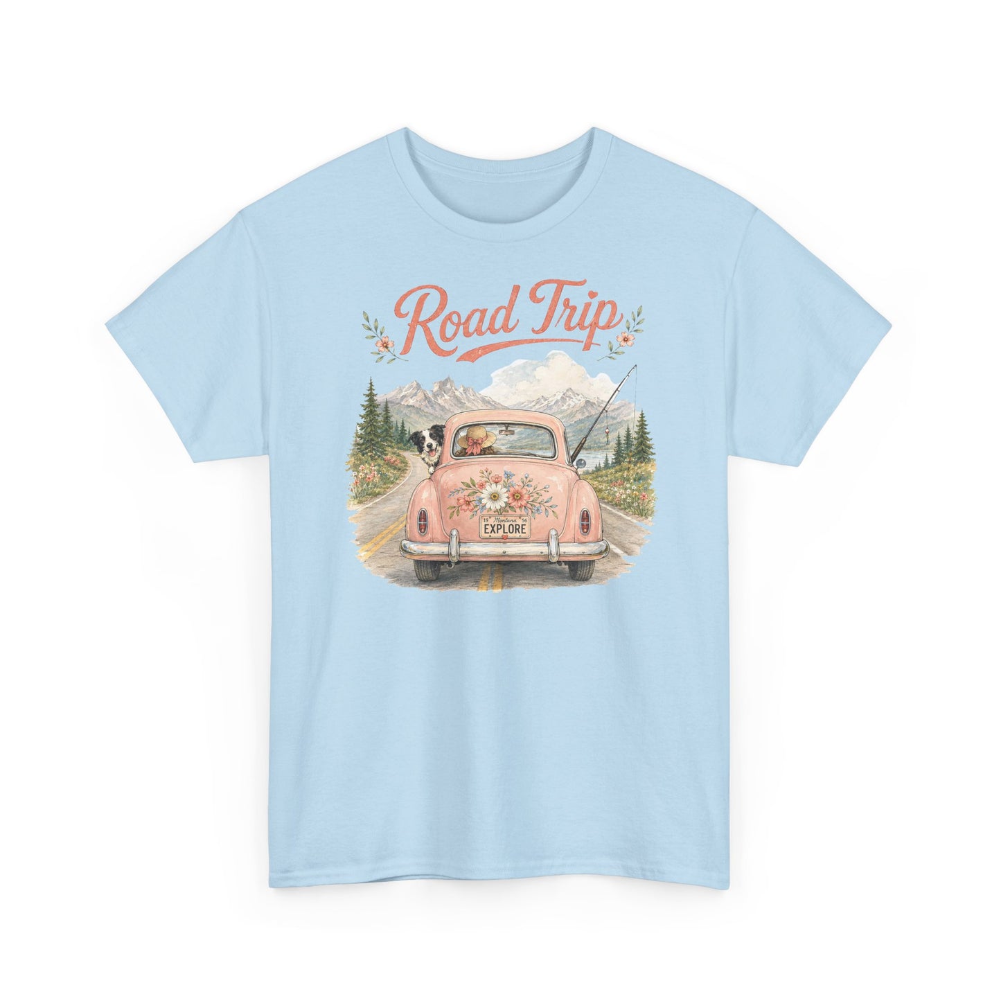 Road Trip Vintage Car T-Shirt — Retro Floral Scenic Drive Tee ( Heavy Weight Tee)