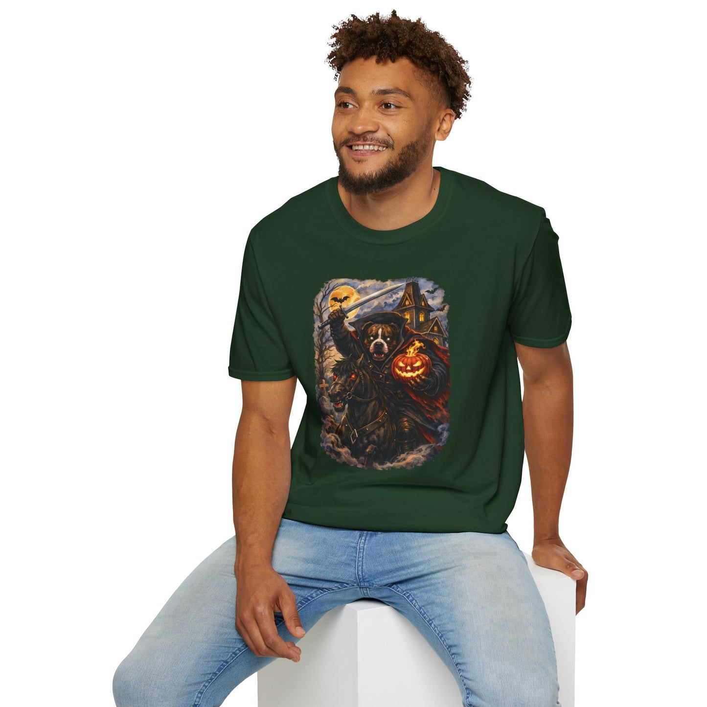 Unisex Halloween Pit Bull Headless Horseman Tee – What Tails Lurk Behind The Pines Collection