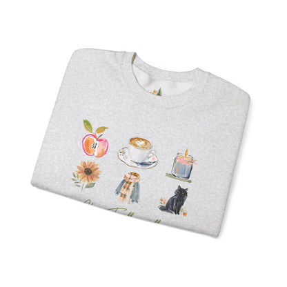 Fall Icons Crewneck Sweatshirt — Cozy Autumn Peach, Coffee, Candle & Cat Design