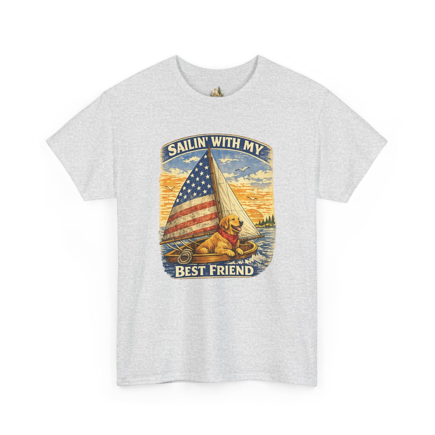 Unisex Sailin' With My Best Friend T-Shirt - Dog & American Flag Sailing Crew Tee (Light Weight, Ultra Soft Cotton)