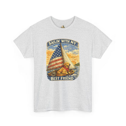 Unisex Sailin' With My Best Friend T-Shirt - Dog & American Flag Sailing Crew Tee (Light Weight, Ultra Soft Cotton)