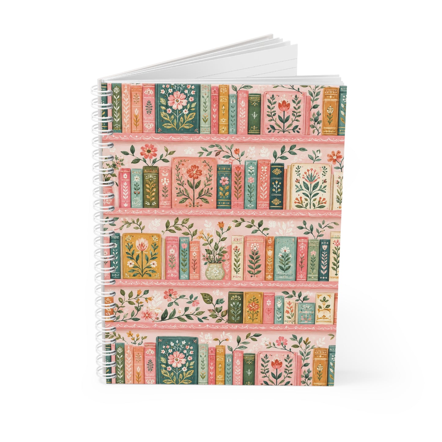 Floral Bookshelf Spiral Notebook — Vintage Botanical Journal for Writers & Students