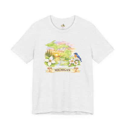 Michigan Scenic T-Shirt — State Flower & Bluebird Watercolor Design