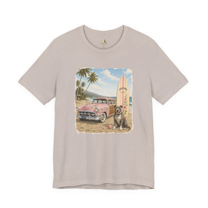 Vintage Beach Surf T‑Shirt — Retro Car, Surfboard & Dog Graphic