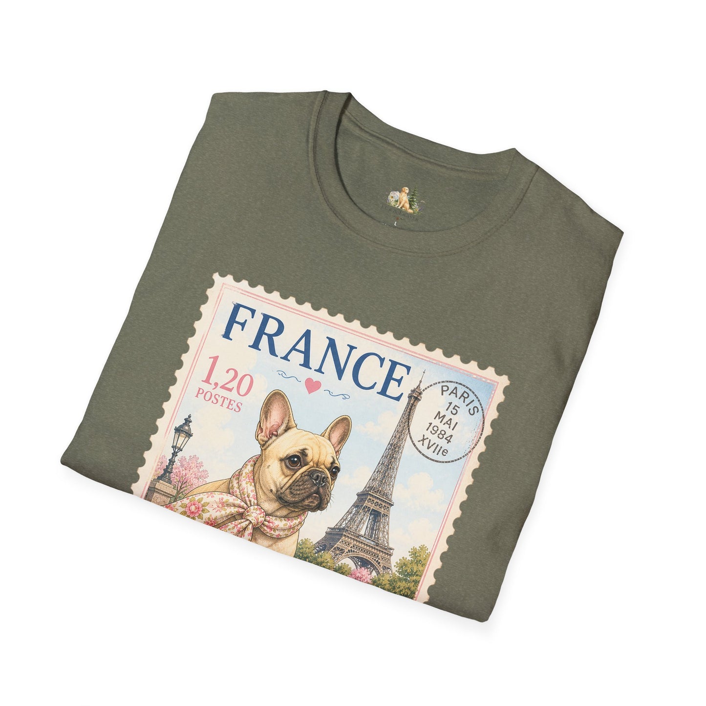French Bulldog Postage Stamp T-Shirt | Eiffel Tower Paris Design (Light Weight, Ultra Soft Tee)