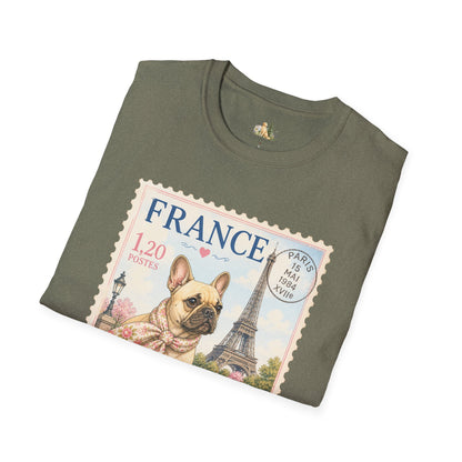 French Bulldog Postage Stamp T-Shirt | Eiffel Tower Paris Design (Light Weight, Ultra Soft Tee)