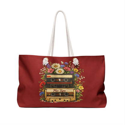 Retro Mixtape Weekender Bag — Vintage Cassette & Floral Travel Tote