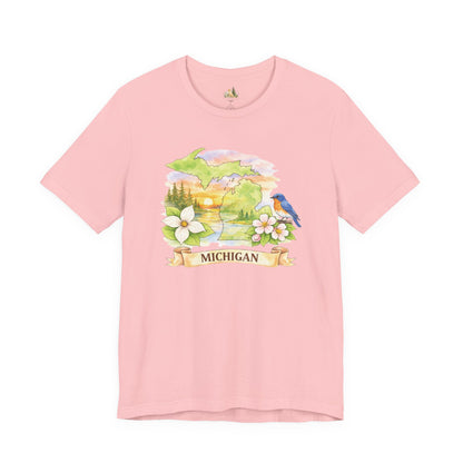 Michigan Scenic T-Shirt — State Flower & Bluebird Watercolor Design