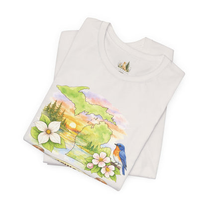 Michigan Scenic T-Shirt — State Flower & Bluebird Watercolor Design