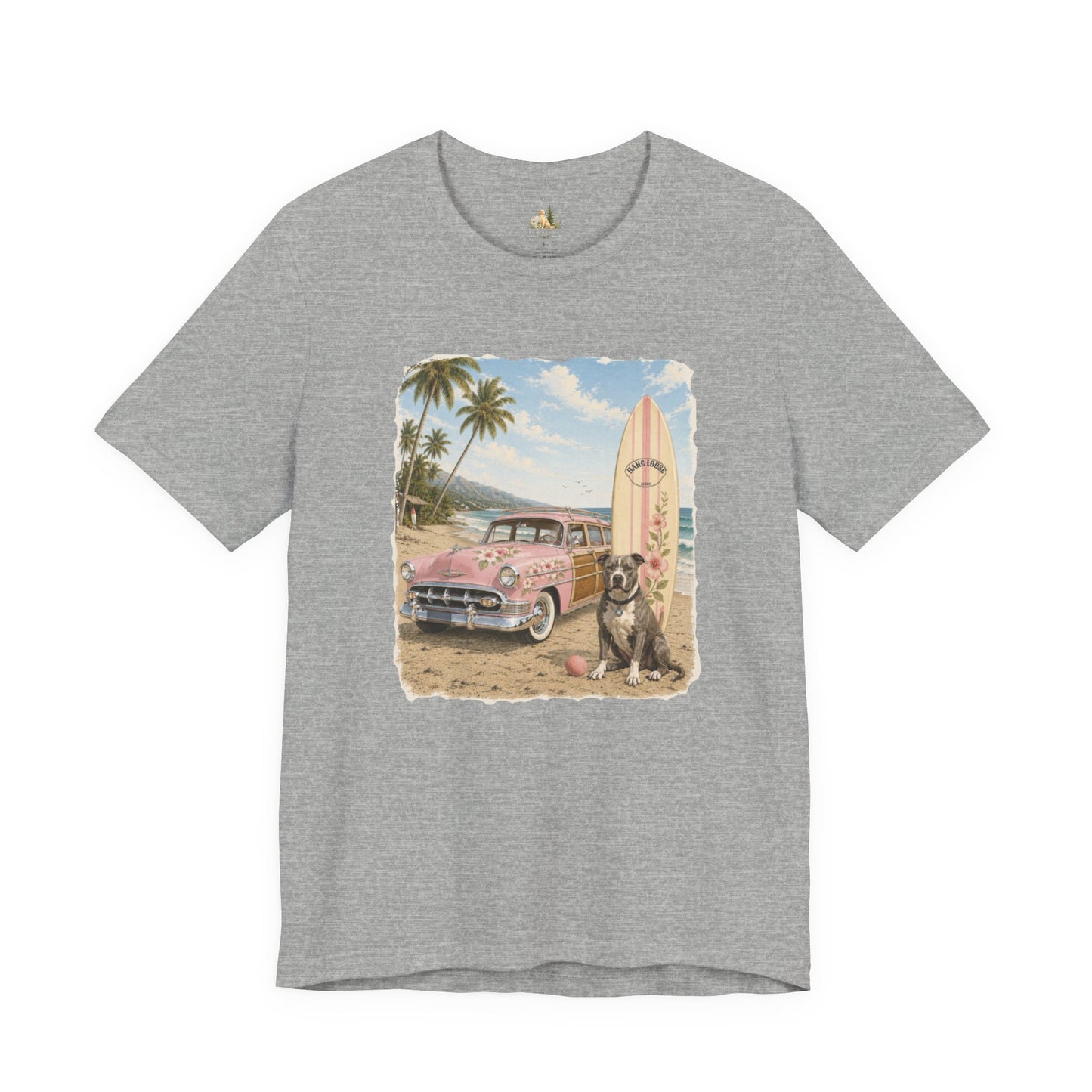 Vintage Beach Surf T‑Shirt — Retro Car, Surfboard & Dog Graphic