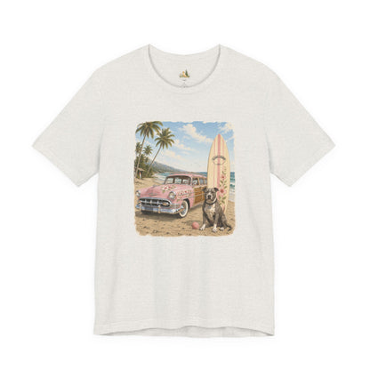 Vintage Beach Surf T‑Shirt — Retro Car, Surfboard & Dog Graphic