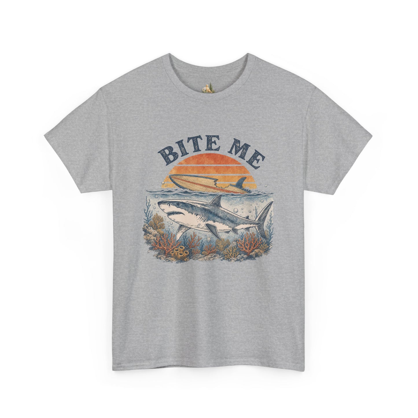 Shark 'Bite Me' Graphic Tee — Vintage Ocean Sunset Fishing Shirt (Heavy Weight Tee)