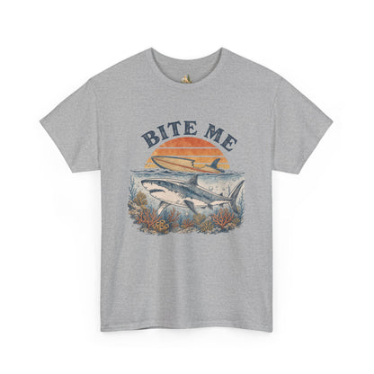 Shark 'Bite Me' Graphic Tee — Vintage Ocean Sunset Fishing Shirt (Heavy Weight Tee)