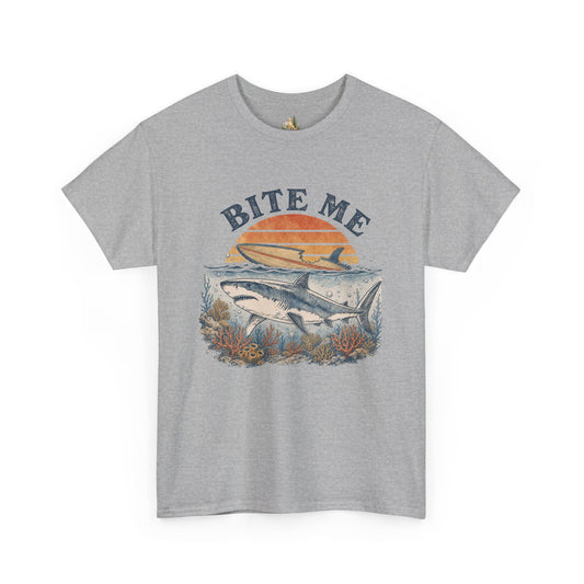 Shark 'Bite Me' Graphic Tee — Vintage Ocean Sunset Fishing Shirt (Heavy Weight Tee)