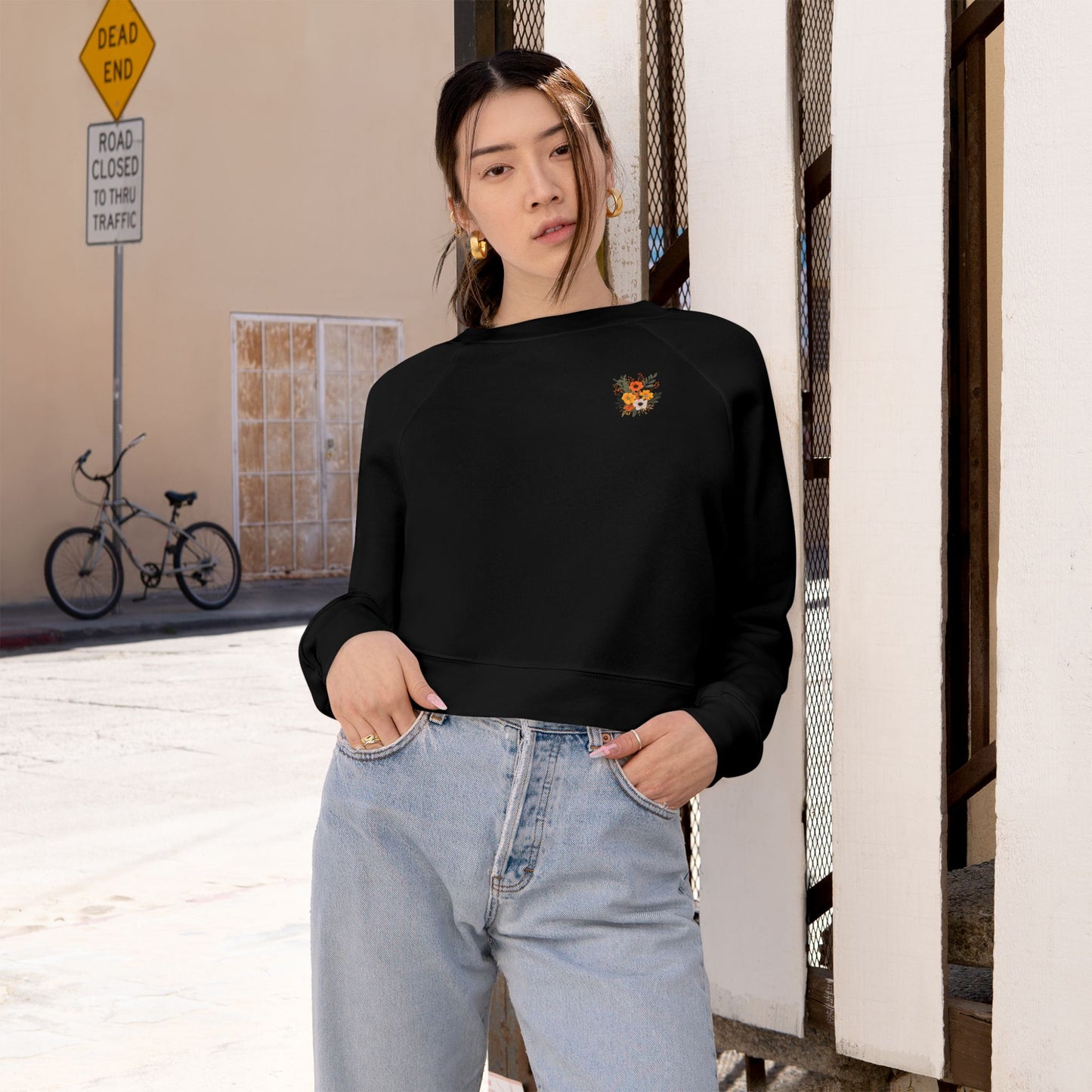 Cropped Pullover — Tiny Fiery Flowers Embroidered Fleece