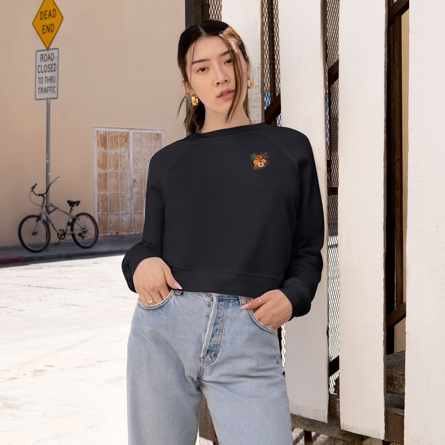 Cropped Pullover — Tiny Fiery Flowers Embroidered Fleece