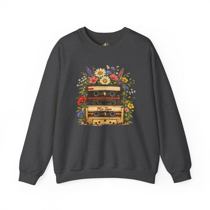Retro Cassette Floral Sweatshirt — Vintage Tape Player Crewneck