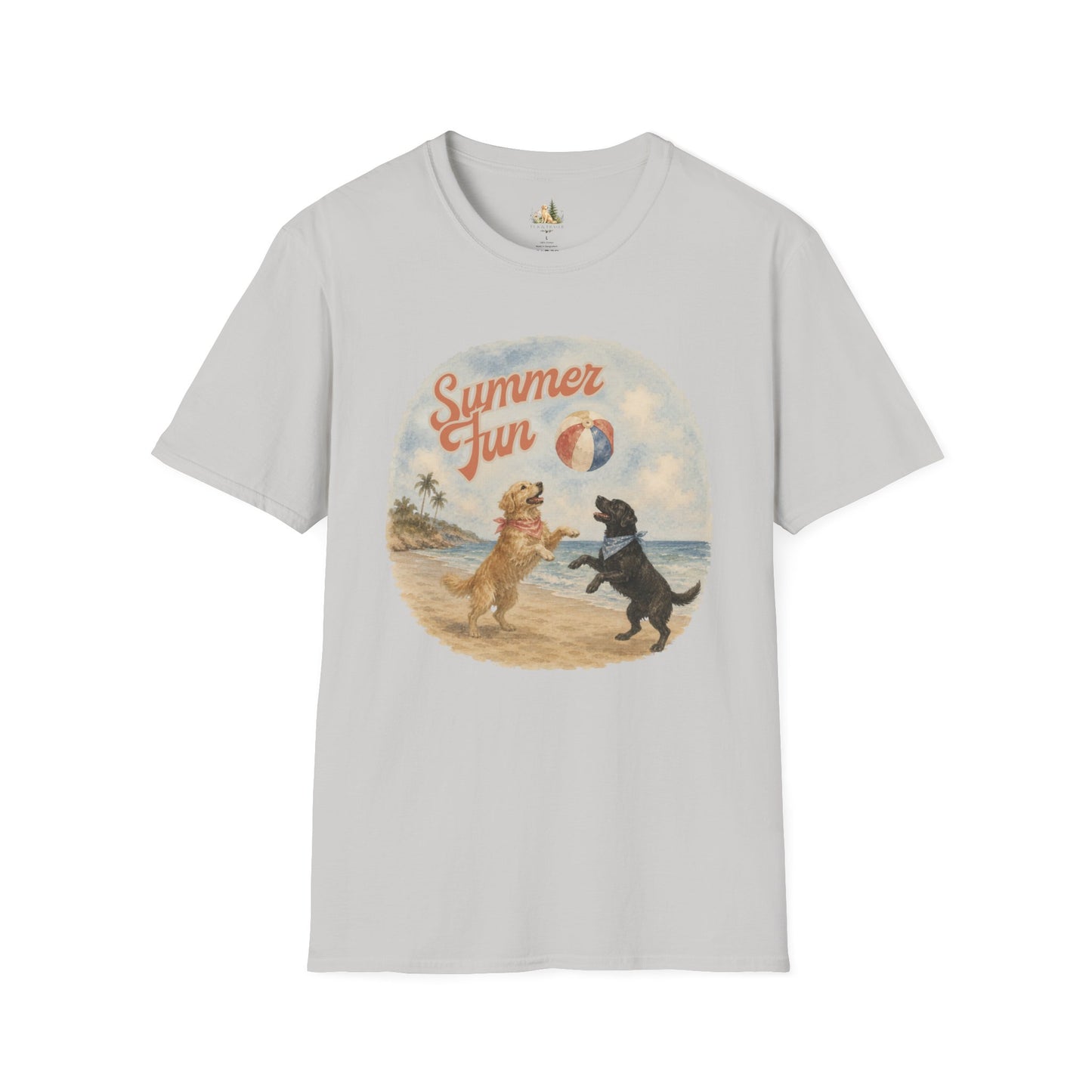 Summer Fun Dogs T-Shirt — Retro Beach Puppies Playing with Beach Ball (Light Weight, Ultra Soft Tee)