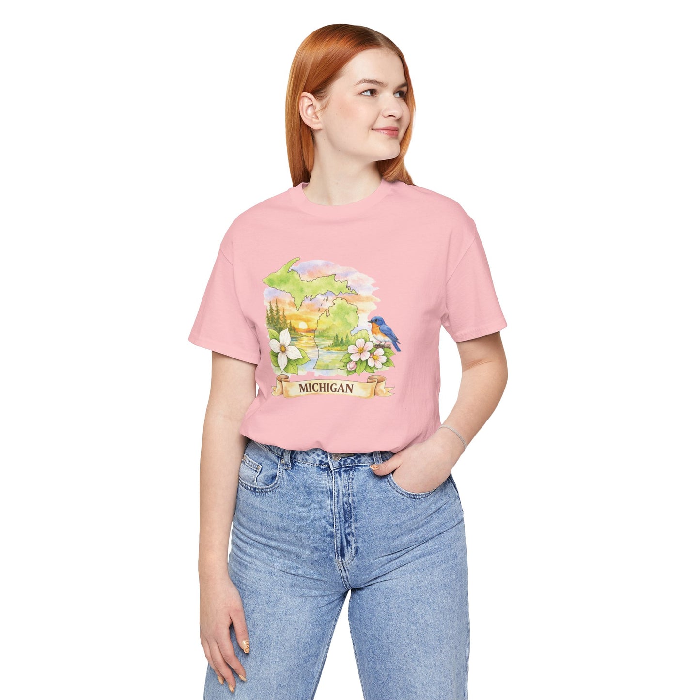 Michigan Scenic T-Shirt — State Flower & Bluebird Watercolor Design