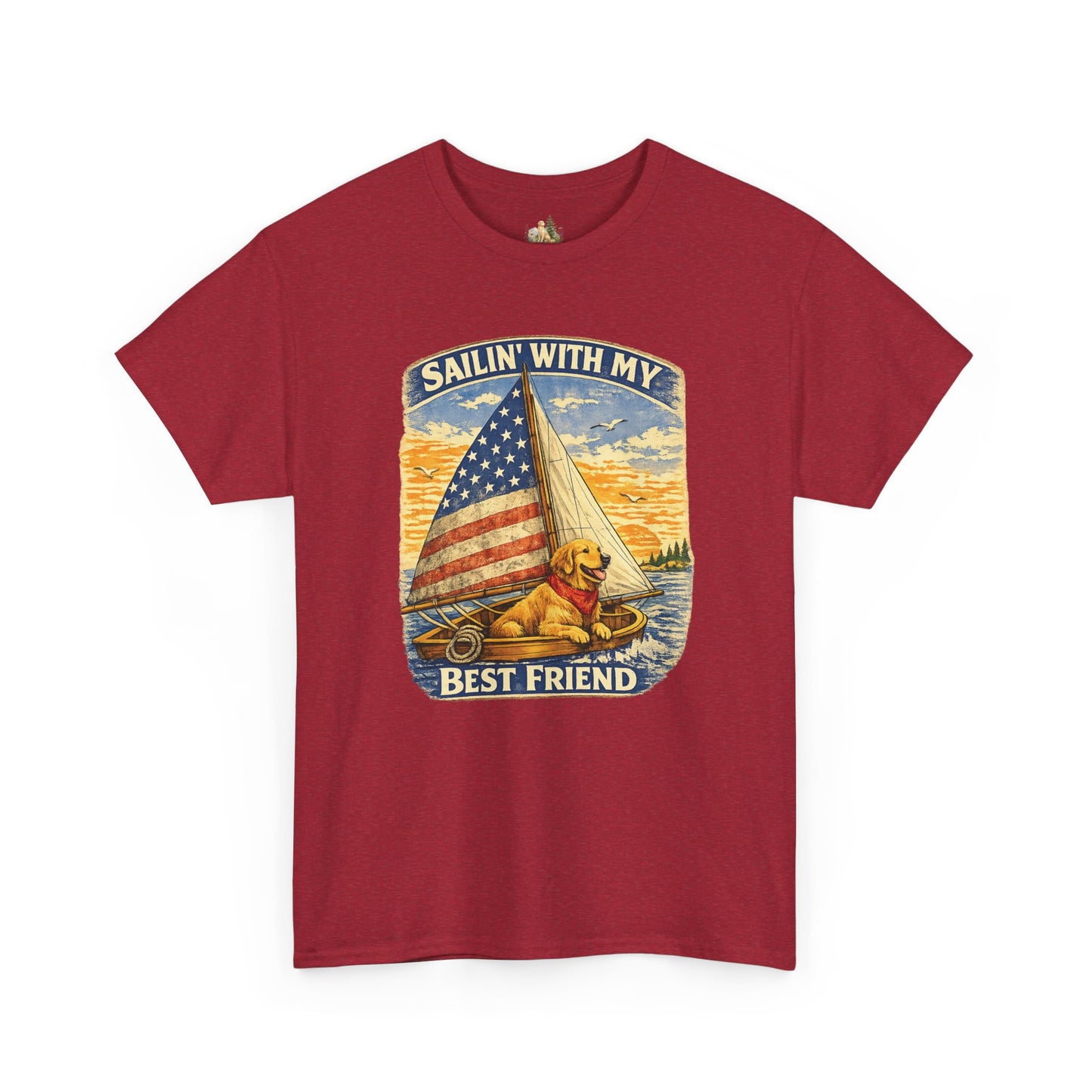 Unisex Sailin' With My Best Friend T-Shirt - Dog & American Flag Sailing Crew Tee (Light Weight, Ultra Soft Cotton)