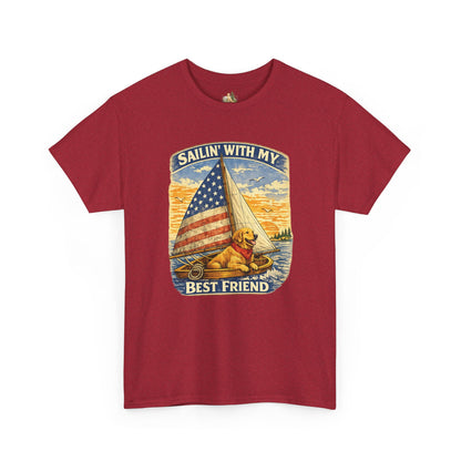 Unisex Sailin' With My Best Friend T-Shirt - Dog & American Flag Sailing Crew Tee (Light Weight, Ultra Soft Cotton)