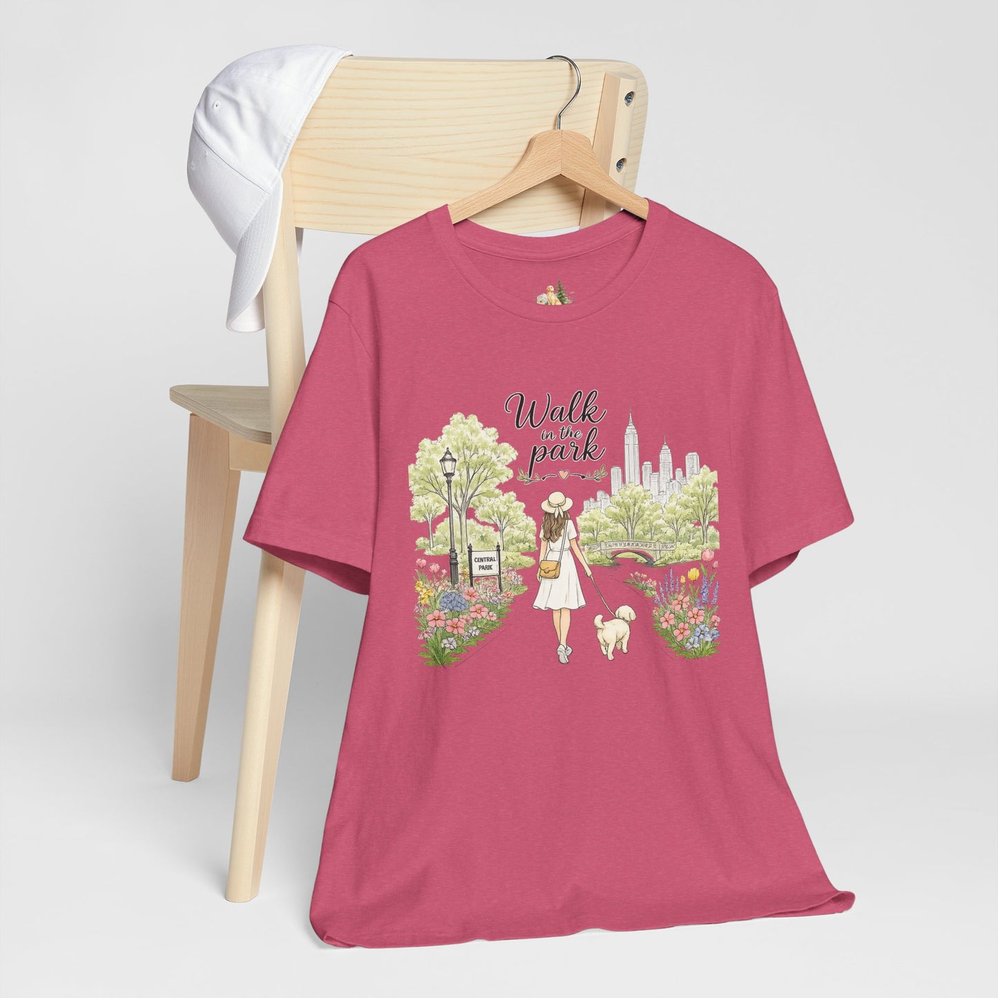 Walk in the Park T-Shirt | Woman Walking Dog Park Illustration