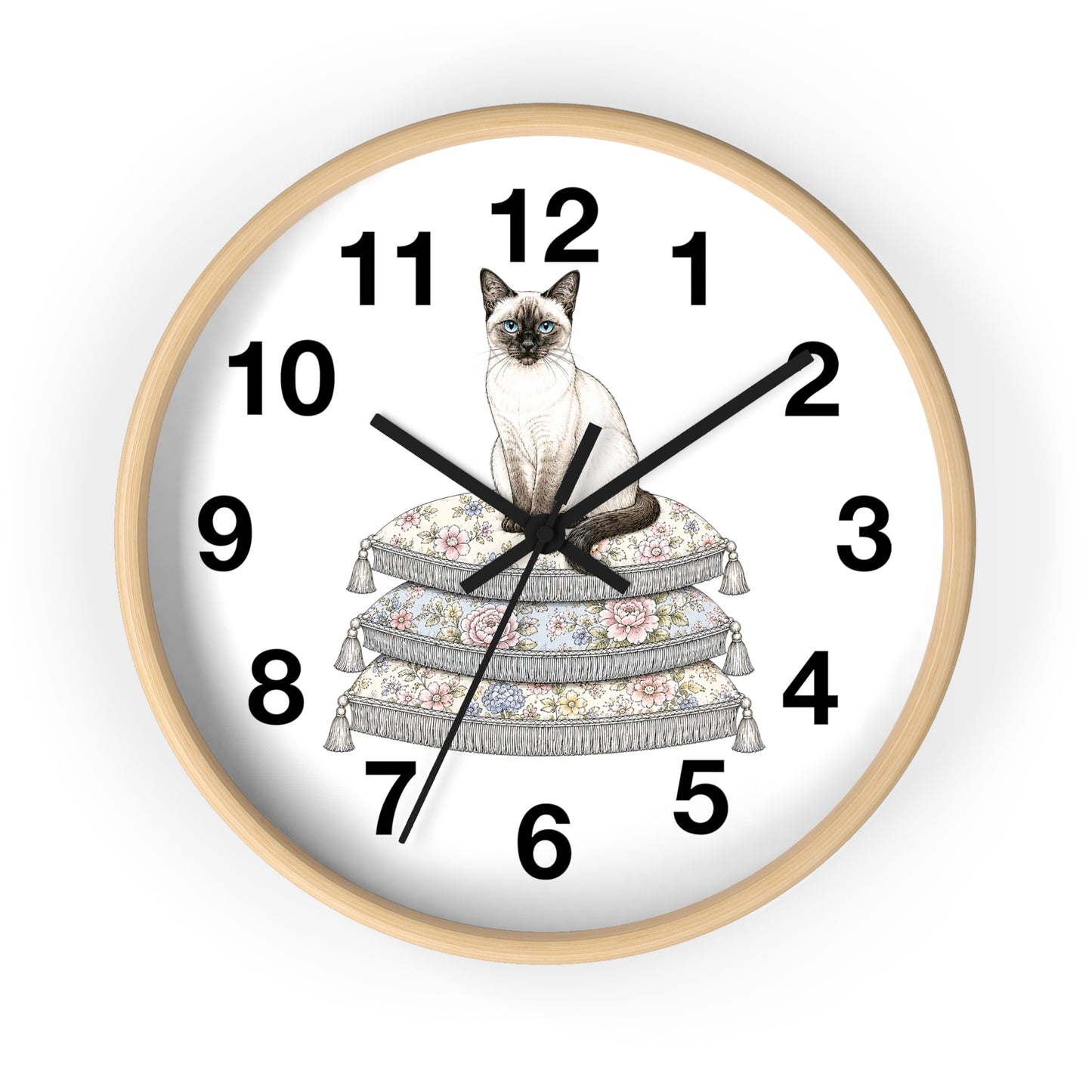 Siamese Cat on Stacked Cushions Wall Clock | Floral Pillow Illustration