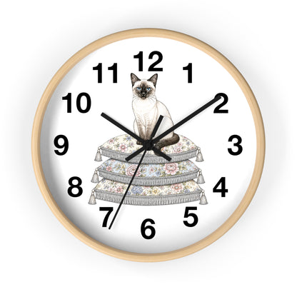 Siamese Cat on Stacked Cushions Wall Clock | Floral Pillow Illustration