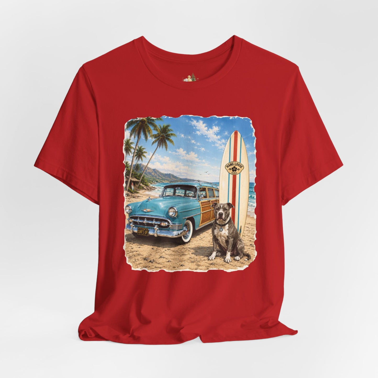 Men's Retro Beach Surf T-Shirt – Vintage Car, Surfboard & Palm Tree Graphic