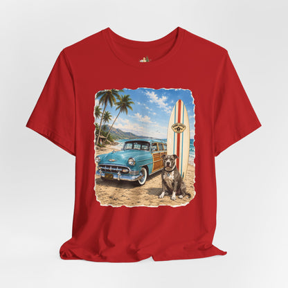 Men's Retro Beach Surf T-Shirt – Vintage Car, Surfboard & Palm Tree Graphic