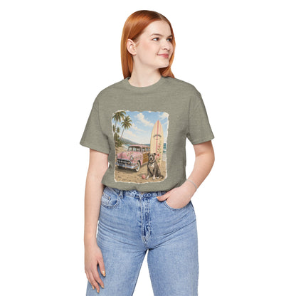 Vintage Beach Surf T‑Shirt — Retro Car, Surfboard & Dog Graphic