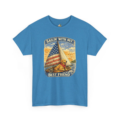 Unisex Sailin' With My Best Friend T-Shirt - Dog & American Flag Sailing Crew Tee (Light Weight, Ultra Soft Cotton)