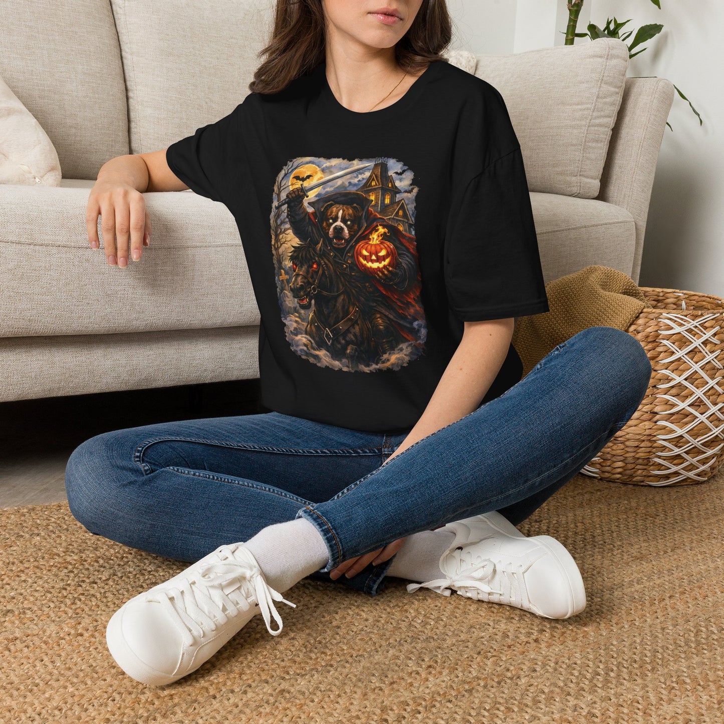 Unisex Halloween Pit Bull Headless Horseman Tee – What Tails Lurk Behind The Pines Collection