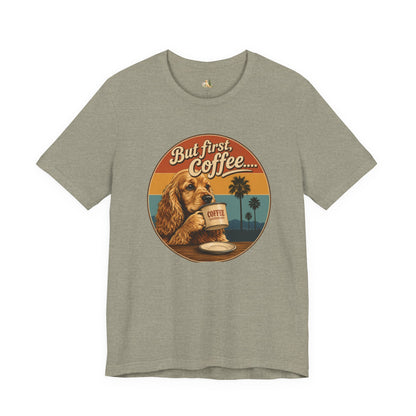 Men's But First Coffee Dog Tee — Retro Palm Tree Coffee Lover T-Shirt