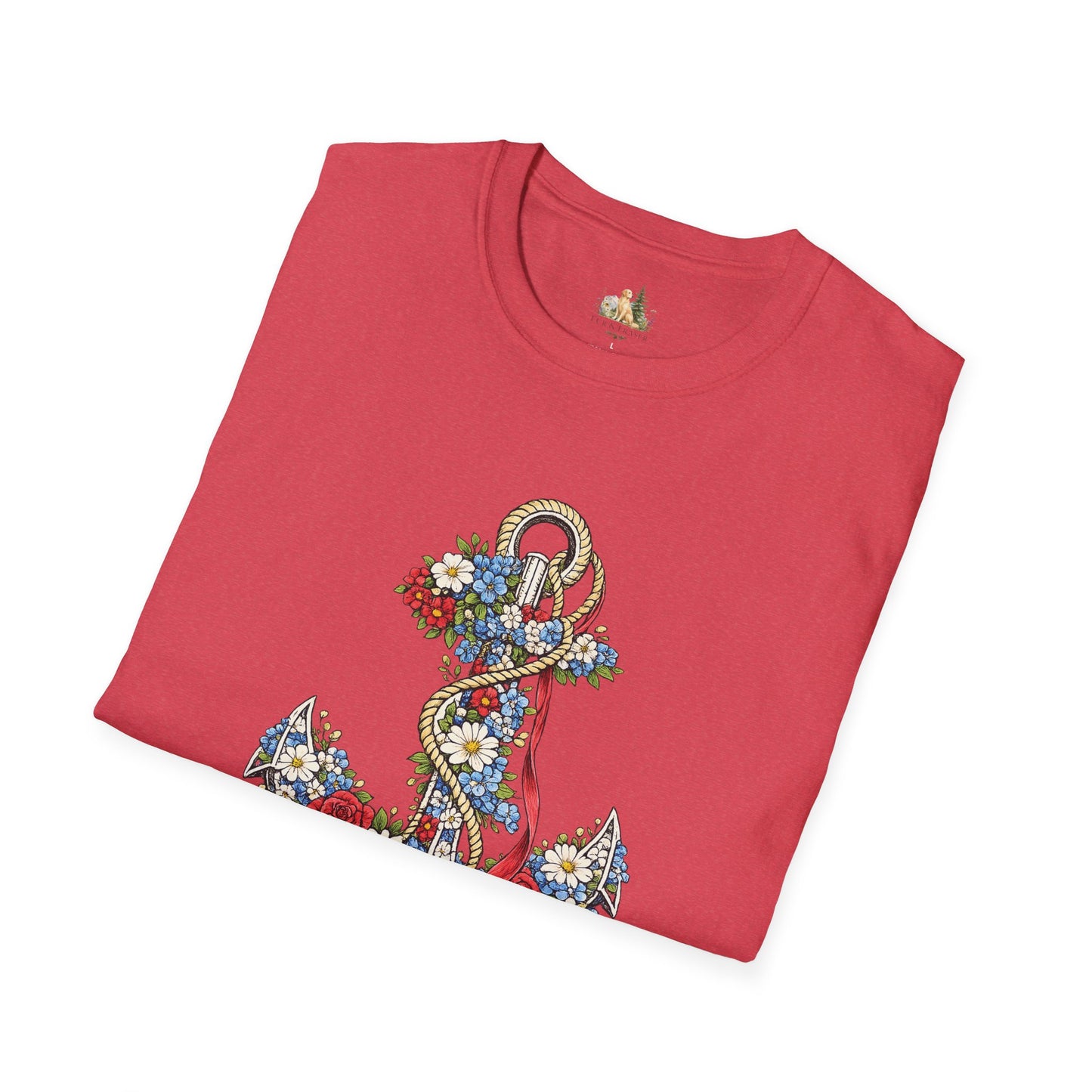 Floral Anchor Illustration T-Shirt Nautical Anchor with Roses (Light Weight, Ultra Soft T-Shirt)