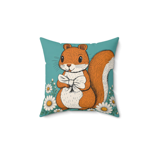Squirrel & Daisies Teal Pet Pillow — Plush Accent Pillow for Dog Beds 14x14"