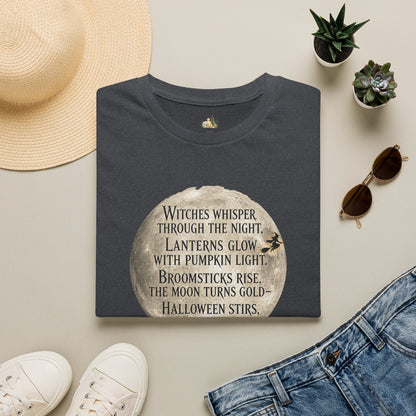 Halloween Poem T-Shirt — "Witches whisper through the night" Moon Graphic